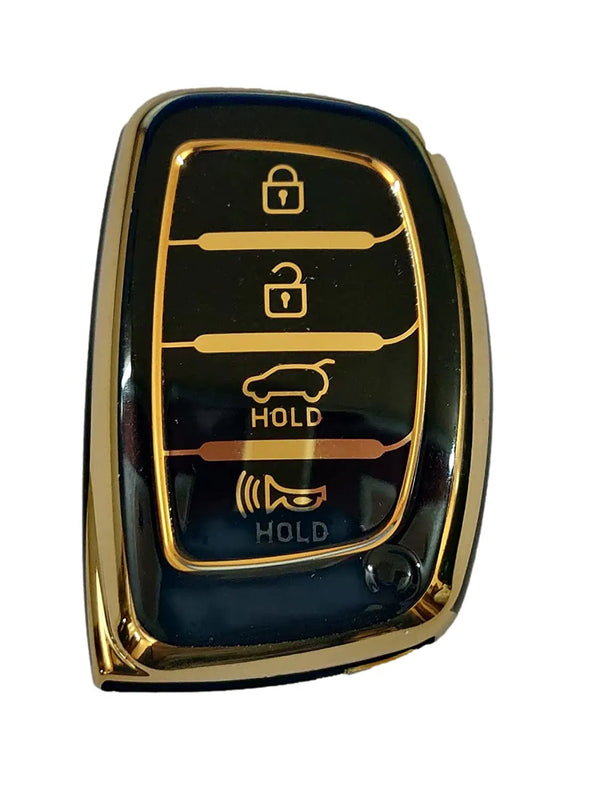 TPU Carbon Fiber Style Car Key Cover Compatible with Creta, Alcazar, i20, Venue, i10 Nios, Xcent 4 ButtonSmart Keys (Gold/Blck)