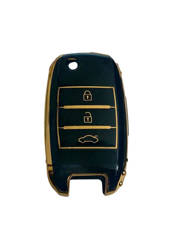 TPU Carbon Fiber Style Car Key Cover Compatible with Kia Flip Key (Gold/Black)