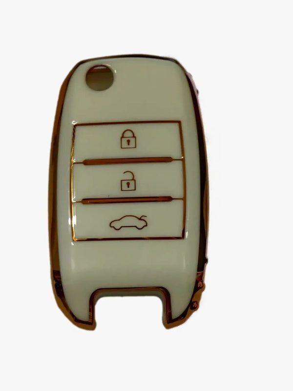 TPU Carbon Fiber Style Car Key Cover Compatible with Kia Seltos Sonet 3 Button Flip Key (White)