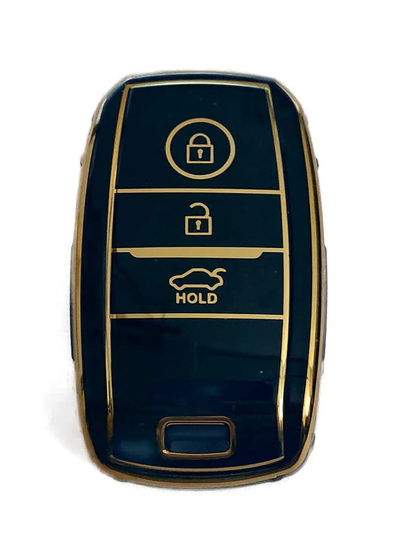 TPU Carbon Fiber Style Car Key Cover Compatible with Kia Seltos 3 Button Smart Key (Gold/Black)
