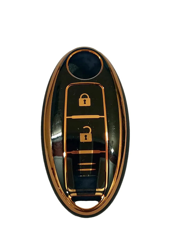 TPU Carbon Fiber Style Car Key Cover Compatible with Nissan Micra, Sunny, Teana, Magnite 3 Button Smart Key(Golden/Black)