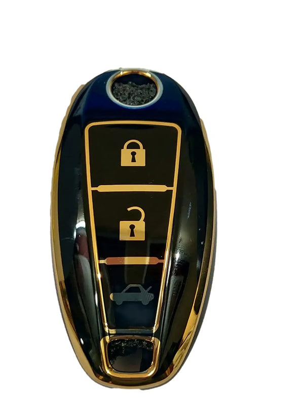 TPU Carbon Fiber Style Car Key Cover Fit with with 3 Buttons Suzuki Vitara Brezza / Baleno / S Cross / Ciaz / Swift SmartKey ( Pack of 1,Gold/Black)