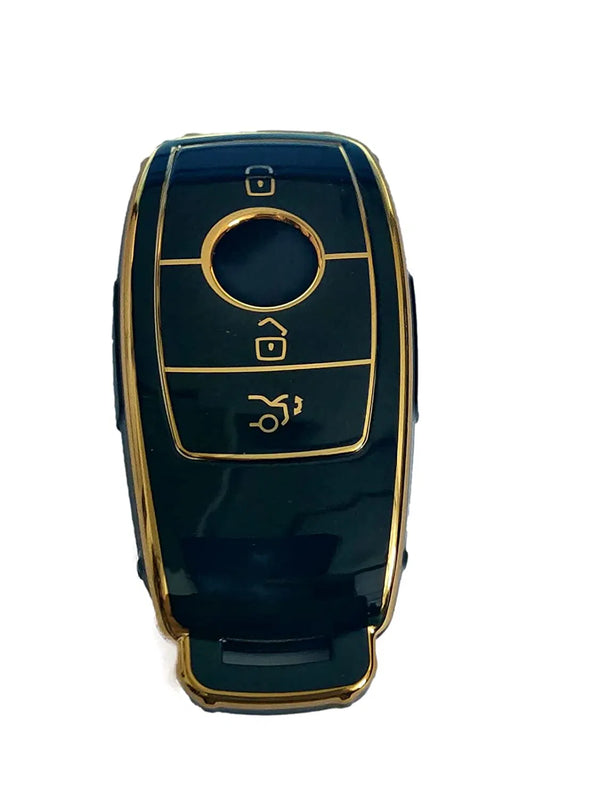 TPU Carbon Fiber Style Car Key Cover Compatible For Benz E Series Smart Key (Gold Black)