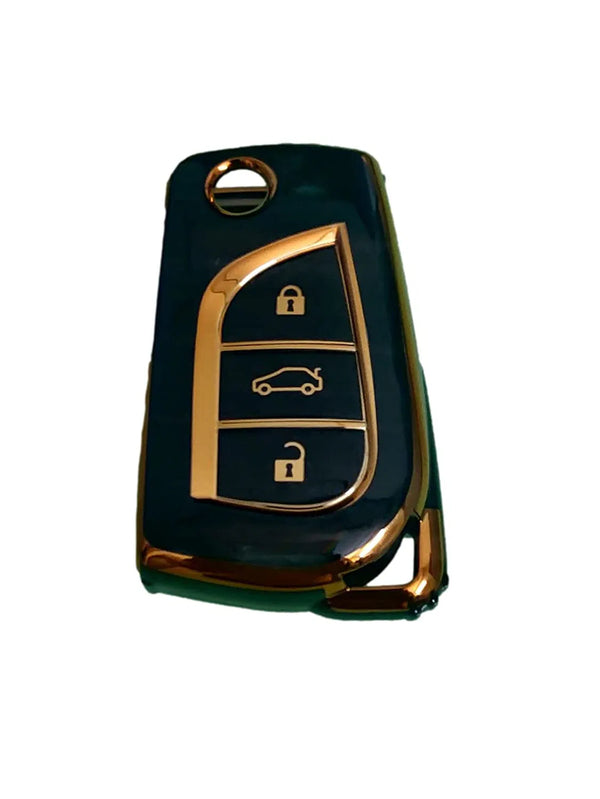 TPU Carbon Fiber Style Car Key Cover Compatible with Toyota Corolla Altis Innova Crysta 3 Button Flip Key Cover (Gold/Black)