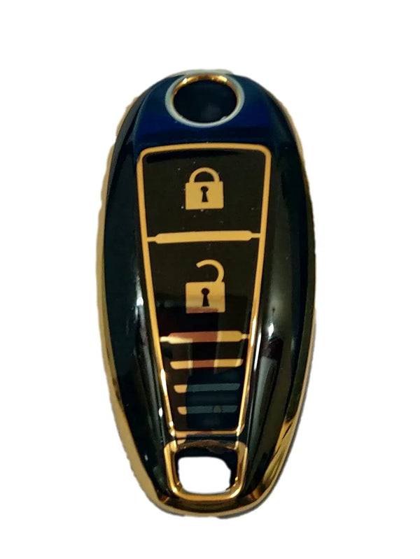 TPU Carbon Fiber Style Car Key Cover Fit with with 2 Buttons Suzuki Vitara Brezza / Baleno / S Cross / Ciaz / Swift Smart Key ( Pack of 1,Gold/Black)