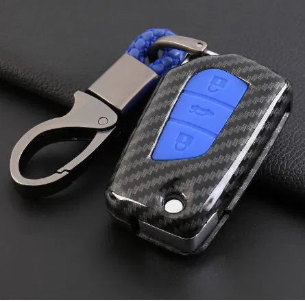 Carbon Fiber Key Fob Cover Shell Keyless Key Hard Case with Keychain For Toyota Innova Crysta (Blue, For Push Button Only)