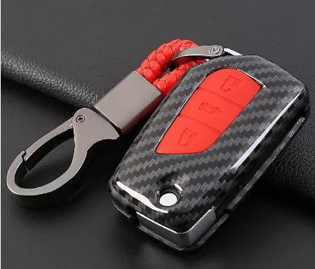 Carbon Fiber Key Fob Cover Shell Keyless Key Hard Case with Keychain For Toyota Innova Crysta (Red, For Push Button Only)
