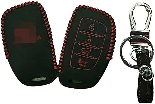Leather Key Cover Compatible with Hyundai Venue IMT, Venue, Elantra, Tucson, Creta 2020 4 Button Smart Key (Push Button Start Models only, 1 Piece)