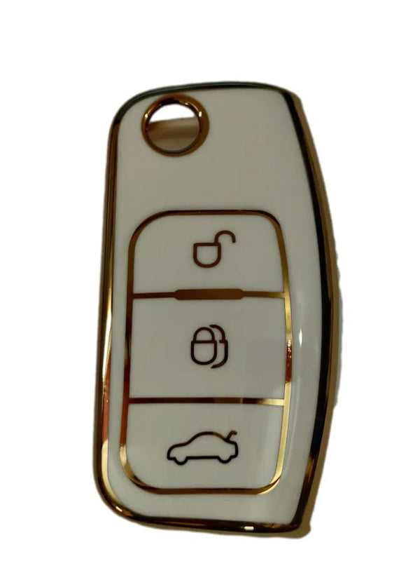 TPU Carbon Fiber Style Car Key Cover Compatible with Fiesta, Figo, Old Ecosport Flip Key (White)