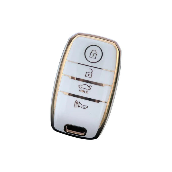 TPU Carbon Fiber Style Car Key Cover Compatible For Seltos (Compare Key Buttons Before Ordering) (4 Button Smart Key, White)