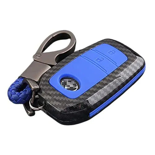 Carbon Fiber Key Fob Cover Shell Keyless Key Hard Case with Keychain Compatible With Toyota Innova Crysta (Blue, For Push Button Only)