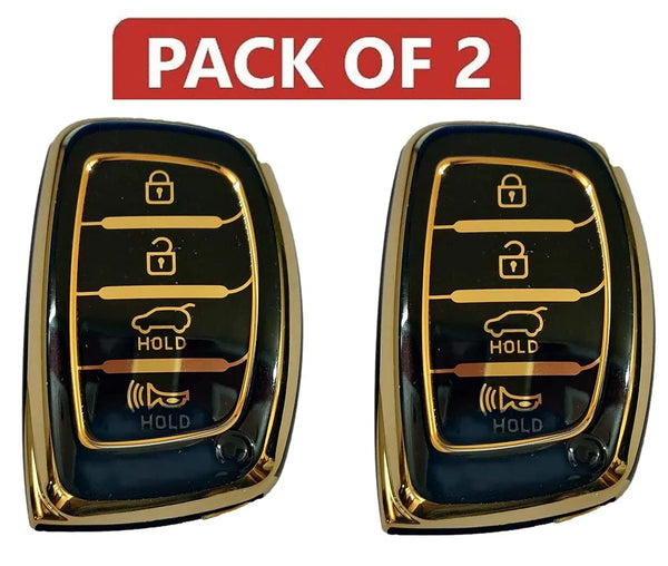 TPU Car Key Cover Compatible with Creta, Alcazar, i20, Venue, i10 Nios, Xcent 4 ButtonSmart Keys (Pack of 2) Black