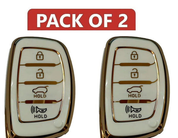 Place TPU Car Key Cover Compatible with Creta, Alcazar, i20, Venue, i10 Nios, Xcent 4 ButtonSmart Keys (Pack of 2, White)