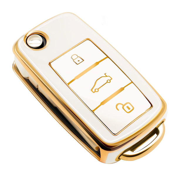 TPU car Key Cover Compatible with Tiguan Jetta Passat Polo Vento Jetta Ameo Rapid Laura Superb Octavia Fabia Yeti 3 Button Flip Key (White)