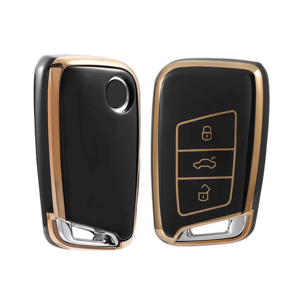TPU car Key Cover Compatible with Tiguan Jetta Passat Polo Vento Ameo Passat Rapid Laura Superb Octavia Fabia Yeti 3 Button Smart Key (Gold Black)