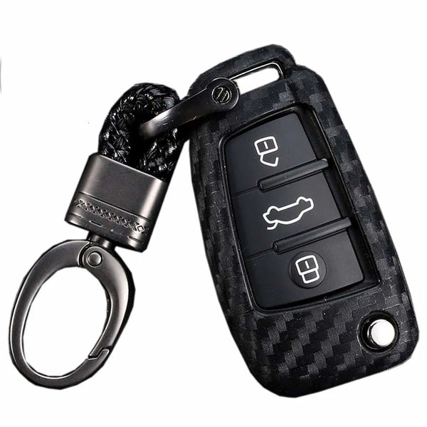 3 Buttons Carbon Fiber ABS Hard Shell Flip Remote Key Fob case Cover For A1 A3 A4 A5 A6 Q2 Q3 Q7 TT S3 R8 Accessories, with Keychain key cover