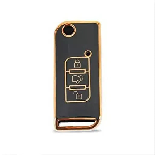 TPU Car Key Cover Compatible with Mahindra XUV-500 Flip Key (Gold/Black)
