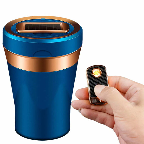 Car Ashtray Electronic Cigarette Lighter Detachable Solar Powered/USB Rechargeable with Lid Blue LED Light For Most Car Cup Holder (Blue)