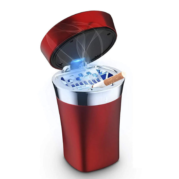 Car Ashtray Electronic Cigarette Lighter Detachable Solar Powered/USB Rechargeable with Lid Blue LED Light For Most Car Cup Holder (Red)