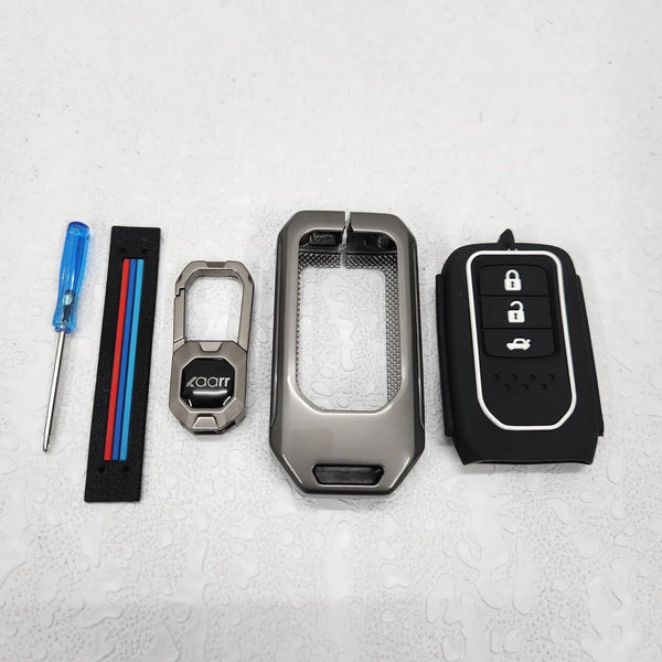 Metal Car Key Case Cover Compatible with Hon-da City, Civic, Jazz, Amaze, CR-V, WR-V, BR-V Smart Key (Push Button Start Models Premium Metal Alloy Keycase with Holder & Rope Chain