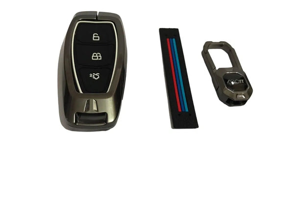 Metal Car Key Case Cover Compatible with Fo-rd Endeavour Smart Key Premium Metal Alloy Keycase with Holder & Rope Chain
