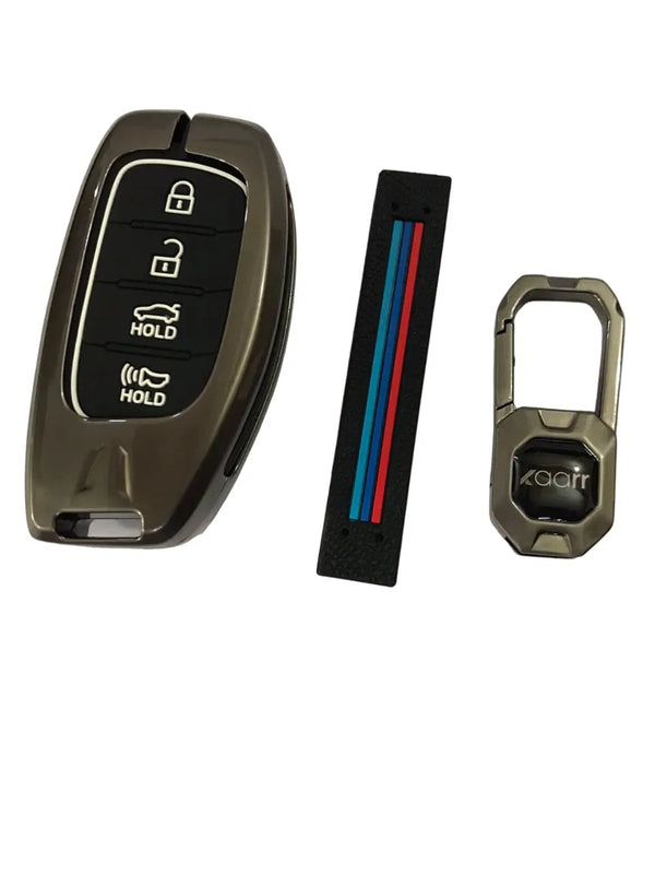 Metal Car Key Case Cover Compatible with For Hyun-dai Verna 2020 4 Button Smart Key Premium Metal Alloy Keycase with Holder & Rope Key Chain