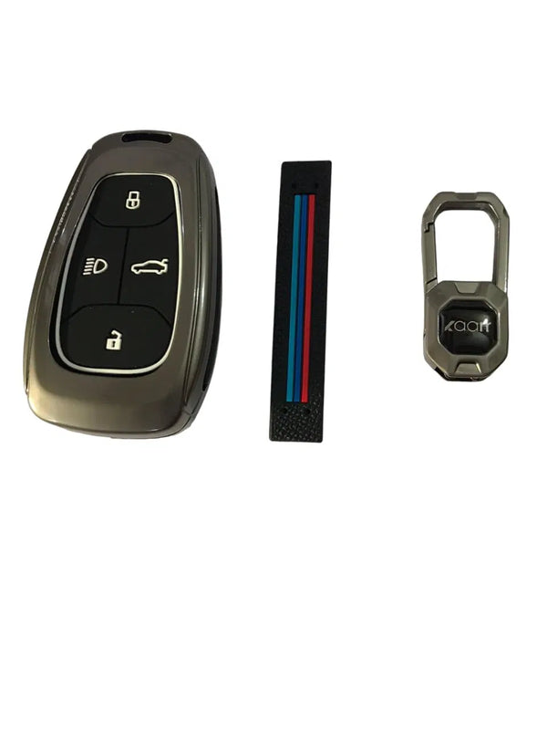 Metal Car Key Case Cover Compatible For Tat-a Nexon, Harrier, Altroz, Punch, Safari 2021, Safari Gold 4 Button Smart Key Premium Metal Alloy Keycase with Holder & Rope Chain