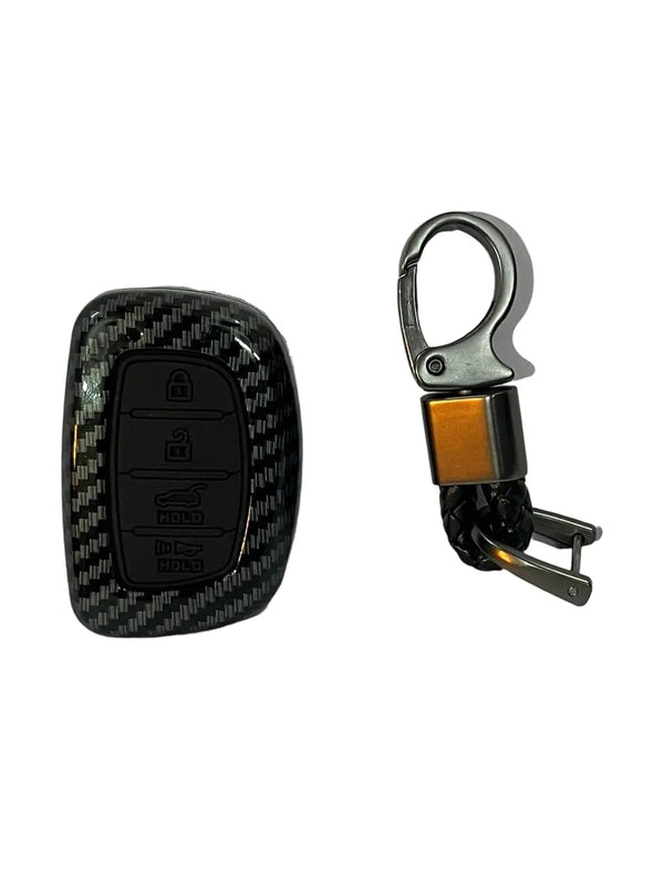 Carbon Fiber ABS Car Key Cover Compatible with Venue, Elantra, Tucson, i20 N Line 2021, Creta 2020, i20 2020 Model with 4 Button Smart Key (Key Chain Included)