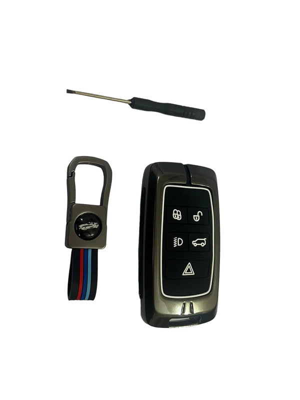 Metal Car Key Case Cover Compatible with Sport, Evoque, Velar, Discovery Defender 5 Button Smart Key Premium Metal Alloy Keycase with Holder & Rope Chain
