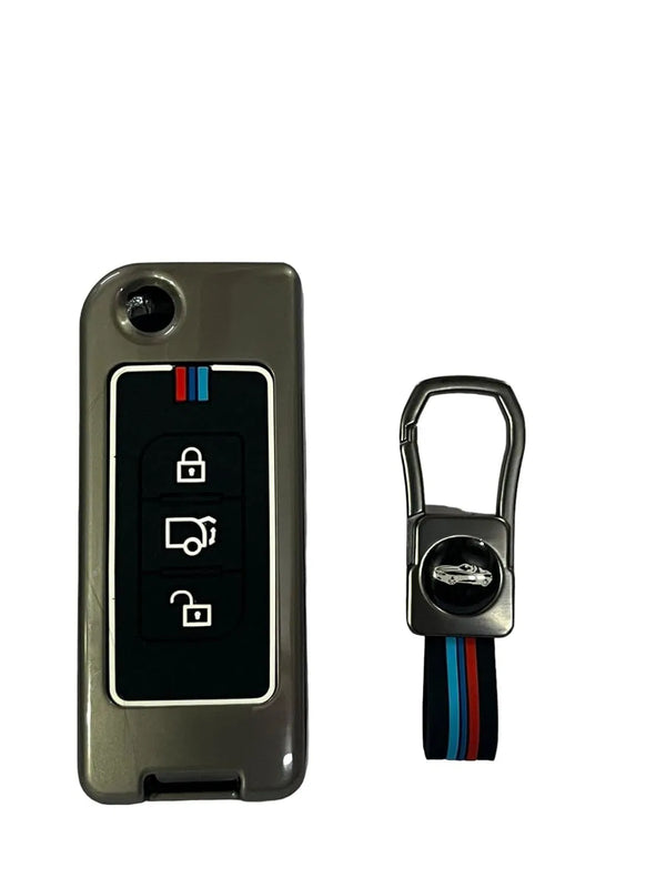 Metal Car Key Case Cover Compatible with Mahindra XUV-500 Flip Key Premium Metal Alloy Keycase with Holder & Rope Chain