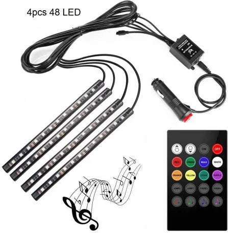 4pcs 48 LED DC 12V Multicolour Music Car Strip Light Interior Under Dash Lighting Kit with Sound Active Function and Wireless Remote Control