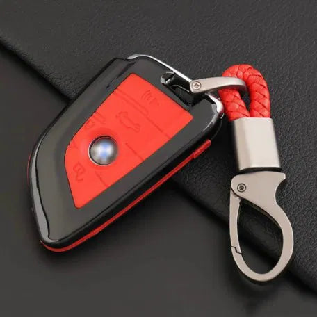 Carbon Fiber Key Fob Cover Shell Keyless Key Hard Case with Keychain For BMW X1 X 5 X6 5 7 Series(Pack of 1,Red)
