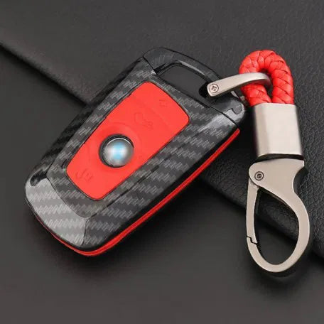 Carbon Fiber Key Fob Cover Shell Keyless Key Hard Case with Keychain For BMW 1 3 5 7 Series X3 X4 X5 X6(Red)