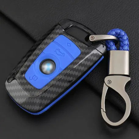 Carbon Fiber Key Fob Cover Shell Keyless Key Hard Case with Keychain For BMW 1 3 5 7 Series X3 X4 X5 X6(Blue)