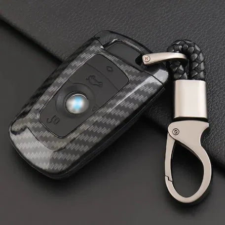 Carbon Fiber Key Fob Cover Shell Keyless Key Hard Case with Keychain For BMW 1 3 5 7 Series X3 X4 X5 X6(Black)