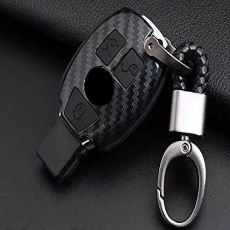 Carbon Fiber Key Fob Cover Shell Keyless Key Hard Case with Keychain For Mercedes Benz W203 W210 W211 W124 W202 W204 W205 AMG (Pack of 1,Black)