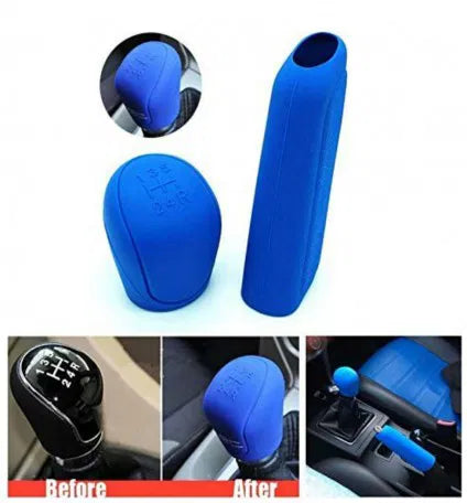 Silicone Gear Head Shift Knob Cover (Oval Shape) + 1 Handbrake Sleeve Cover (Blue) Universal for cars