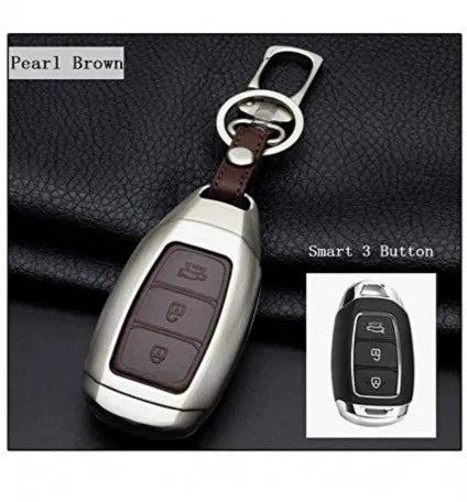 Car Keyless Key Cover case Fob For Top Model Hyundai Verna in Zinc Alloy Metal and Leather Brown Color