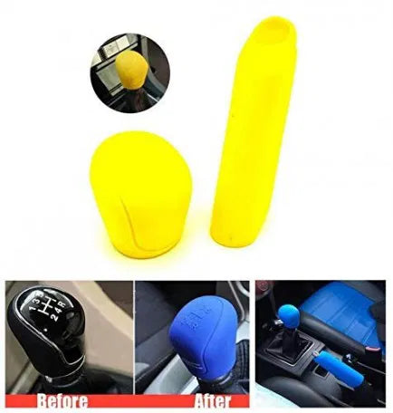 Silicone Gear Head Shift Knob Cover (Oval Shape) + 1 Handbrake Sleeve Cover (Yellow) Universal for cars