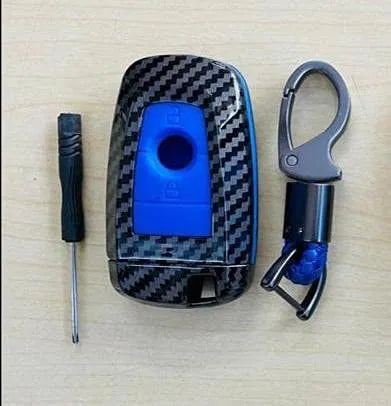 Carbon Fiber Key Fob Cover Shell Keyless Key Hard Case with Keychain Ford Ecosport New(Blue)