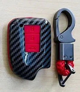 Carbon Fibe Car Key Case for Toyota Prado Vios Yaris Previa 2 3 Buttons Smart Remote Fob Shell Cover Keychain Protector Bag(Red)