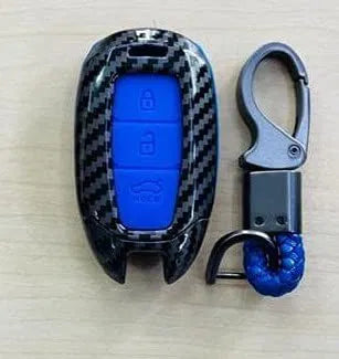 Carbon Fiber Key Fob Cover Shell Keyless Key Hard Case with Keychain For Hyundai Verna 2017 Onwards Flip Key (Blue)