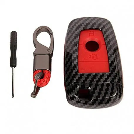 Carbon Fiber Key Fob Cover Shell Keyless Key Hard Case with Keychain New Ford Endeavour Smart Key (Red)