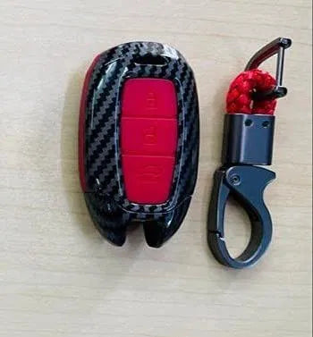 Carbon Fiber Key Fob Cover Shell Keyless Key Hard Case with Keychain For Hyundai Verna 2017 Onwards Flip Key (Red)