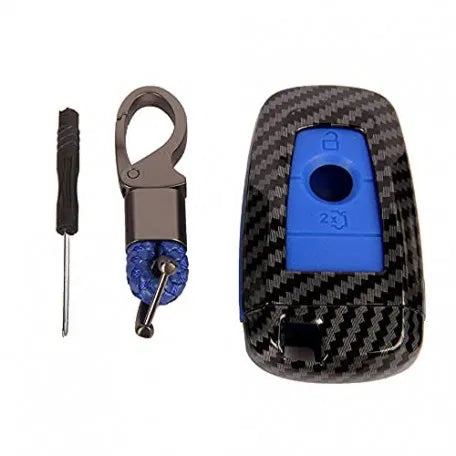 Carbon Fiber Key Fob Cover Shell Keyless Key Hard Case with Keychain New Ford Endeavour Smart Key (Blue)
