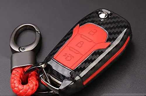 Carbon Fiber Key Fob Cover Shell Keyless Key Hard Case with Keychain For Figo Aspire(Pack of 1,Red