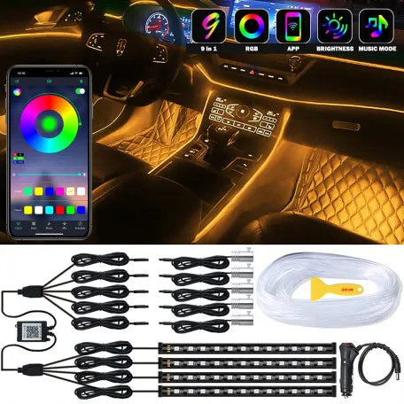 Interior Car LED Strip Lights, 9 in 1 Multicolor RGB Car Neon Ambient Light with 4 Under Dash & 5 Fiber Optic LED Lights, Sync to Music and Wireless Bluetooth APP and Remote Control